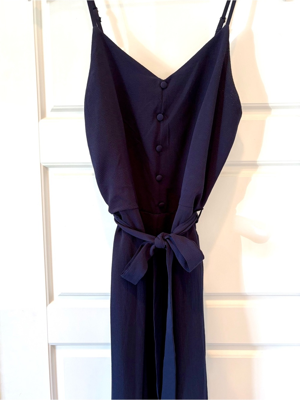 Navy Button-Front Sleeveless Jumpsuit with Tie Waist
